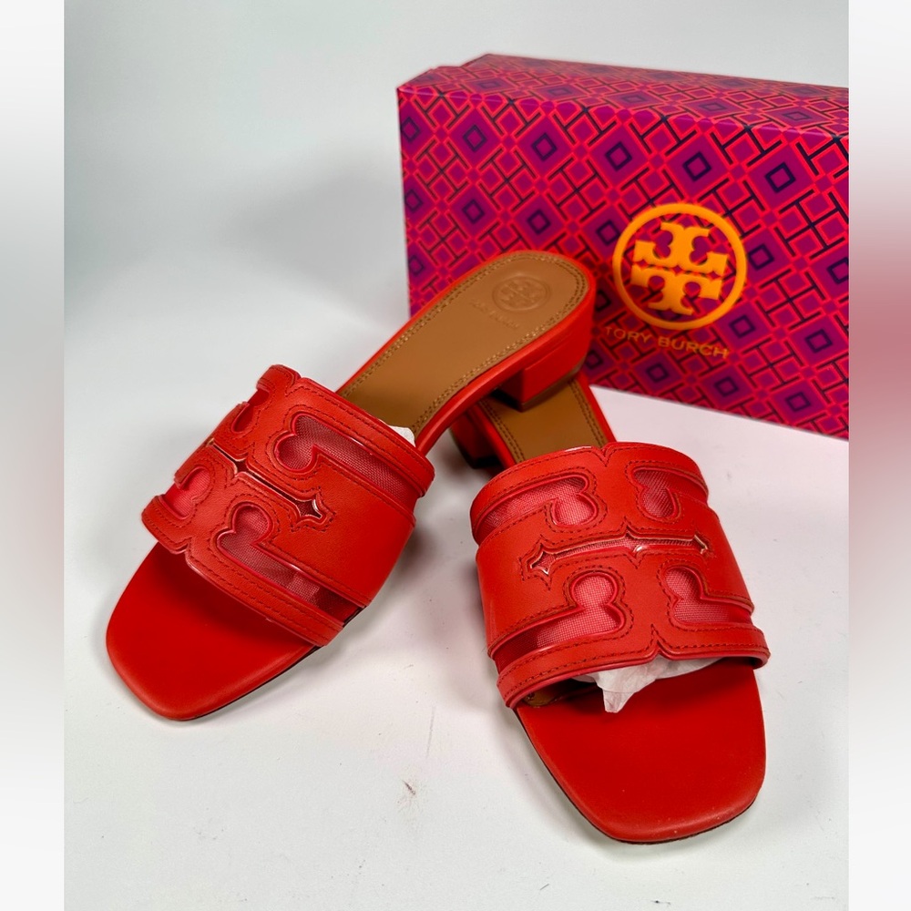 NIB Tory Burch Stitched Logo 30 mm Slide Sandals Calf Leather/Mesh Patent - Picture 11 of 11